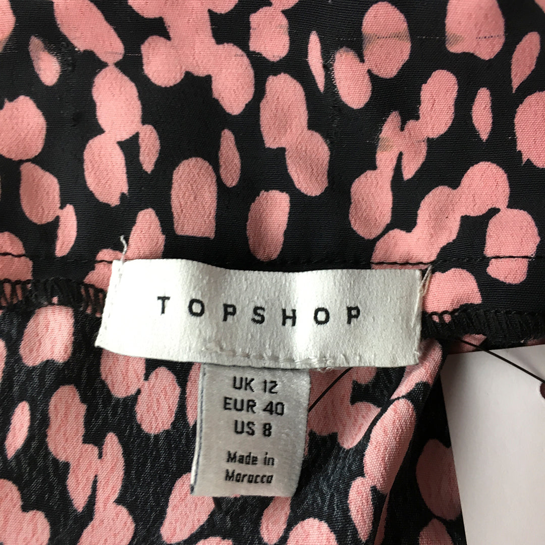 NEW Topshop Womens A-Line Dress Size 12 Pink Black Dot Short Sleeve Belted