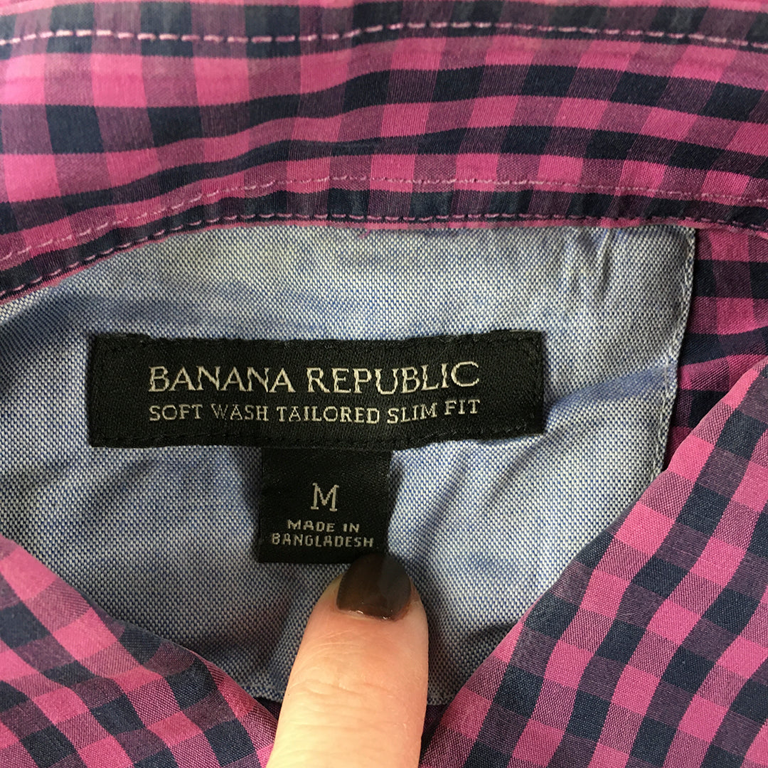 Banana Republic Mens Shirt Size M Pink Purple Checkered Button-Up