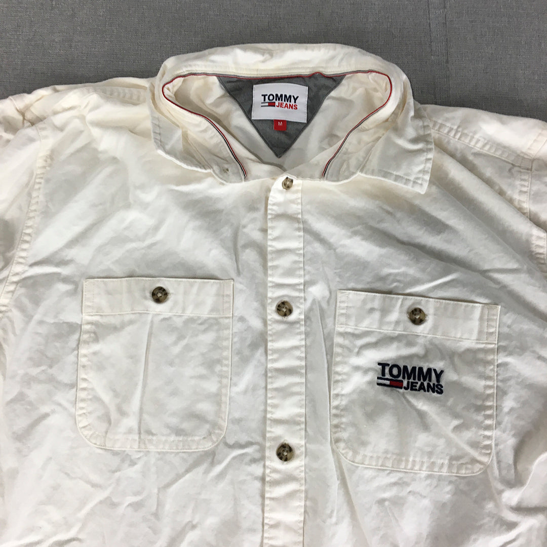 Tommy Hilfiger Jeans Mens Shirt Size M White Logo Button-Up Pockets Long Sleeve