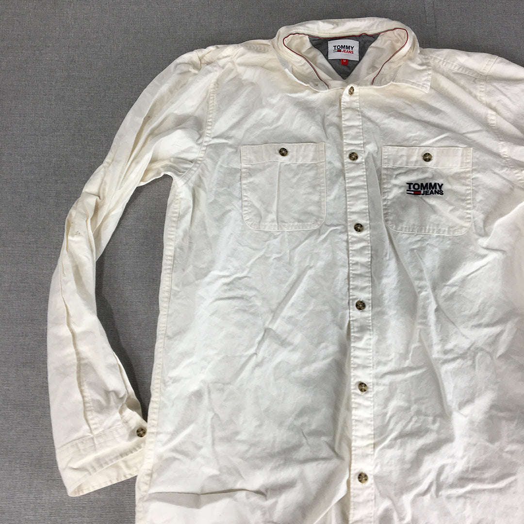 Tommy Hilfiger Jeans Mens Shirt Size M White Logo Button-Up Pockets Long Sleeve