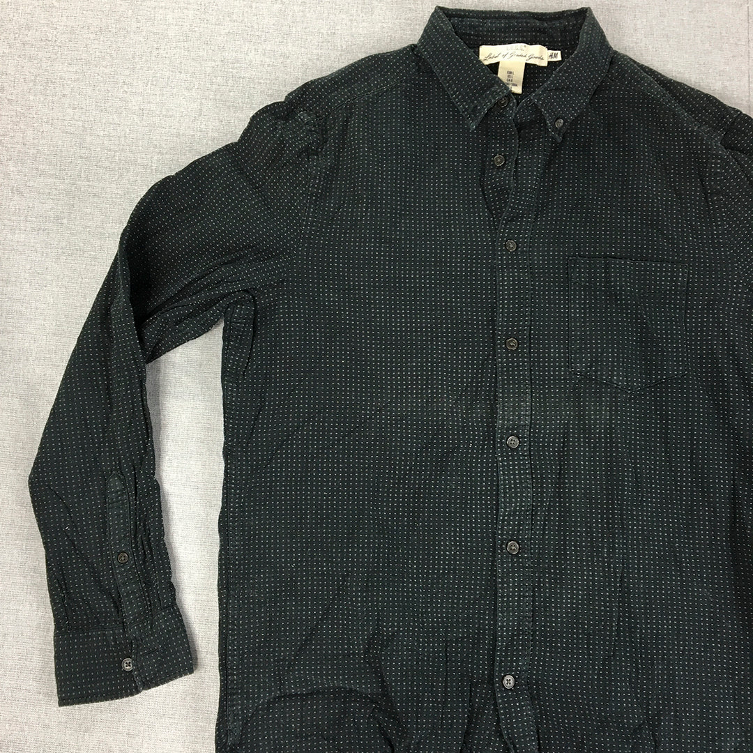 H&M Mens Shirt Size L Black Dot Long Sleeve Collared Pocket Button-Up