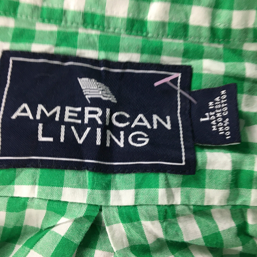 American Living Mens Shirt Size L Green White Checkered Button-Up