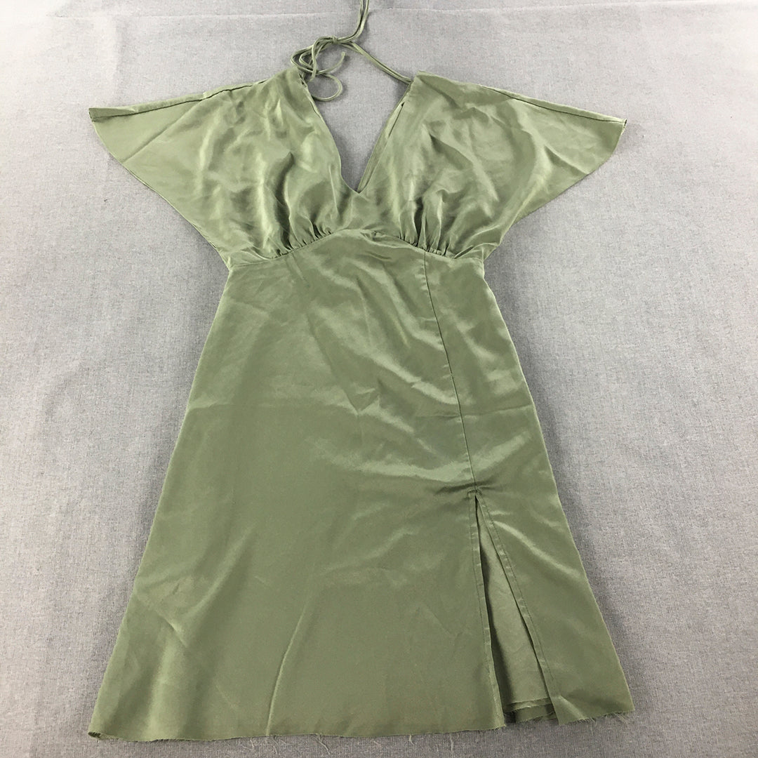 Chancery Womens Dress Size 10 Green Satin V-Neck Fit Flare