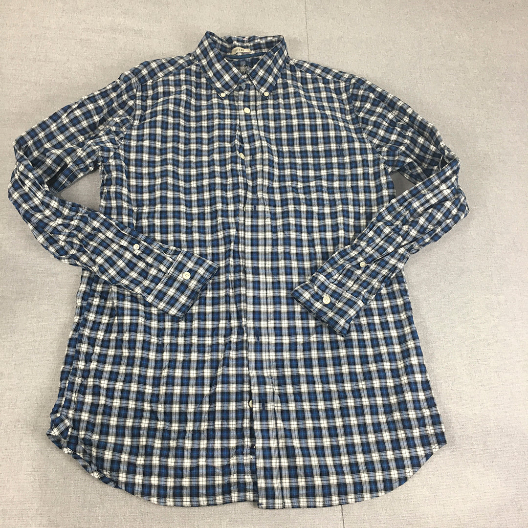 Old Navy Mens Shirt Szie M TALL Blue Checkered Long Sleeve Button-Up