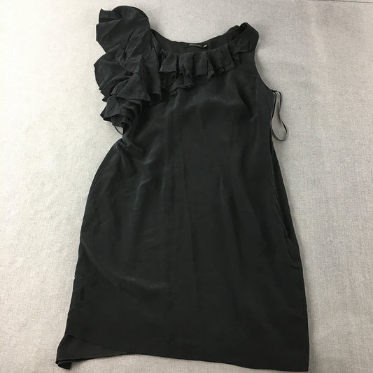 Portmans Silk Pencil Dress Size 12 Black Frilled Neckline Mini Sleeveless