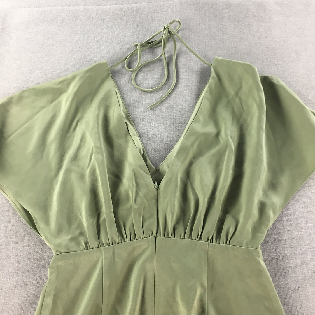 Chancery Womens Dress Size 10 Green Satin V-Neck Fit Flare