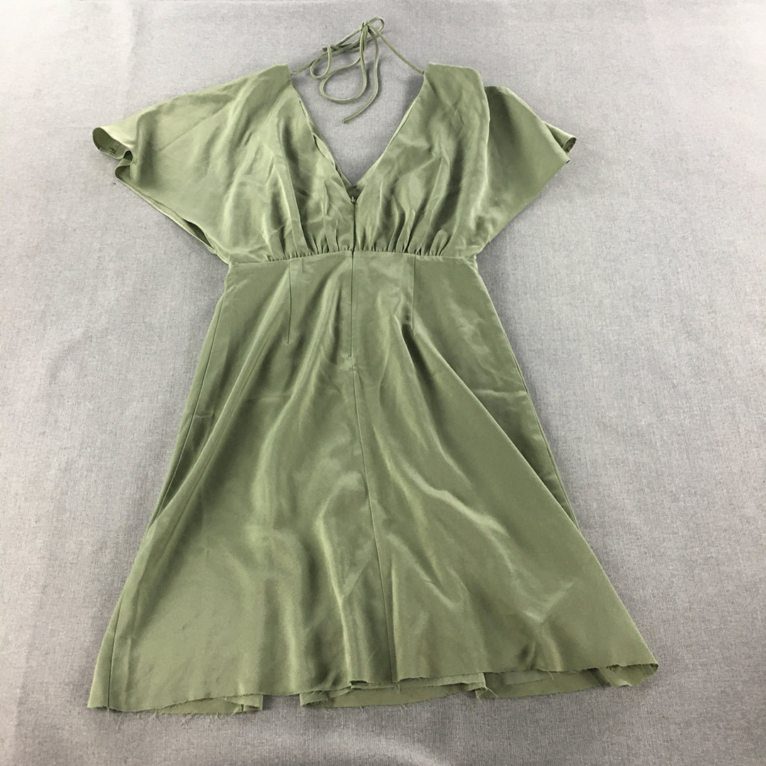 Chancery Womens Dress Size 10 Green Satin V-Neck Fit Flare