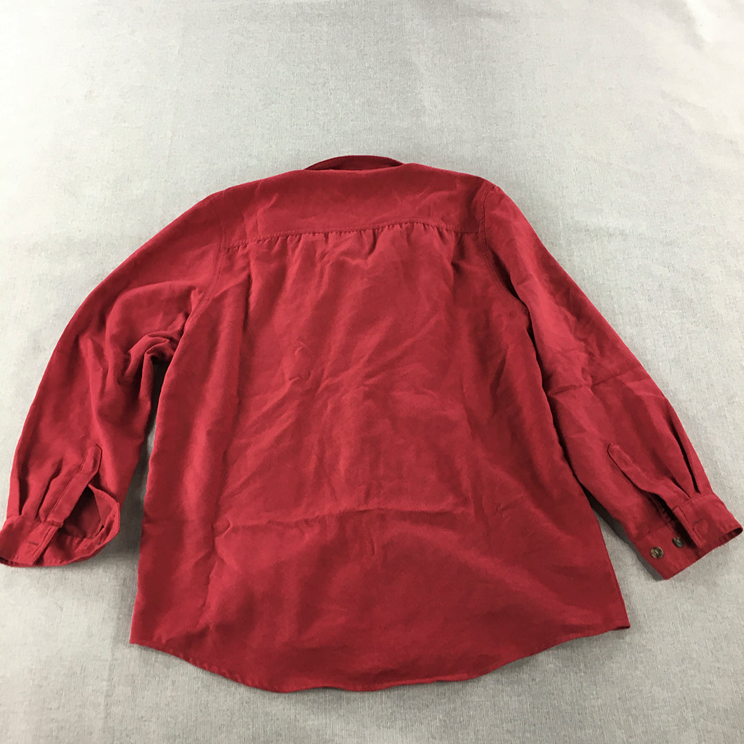 Postie Fashions Womens Velour Shirt Size 10 Red Button-Up Long Sleeve