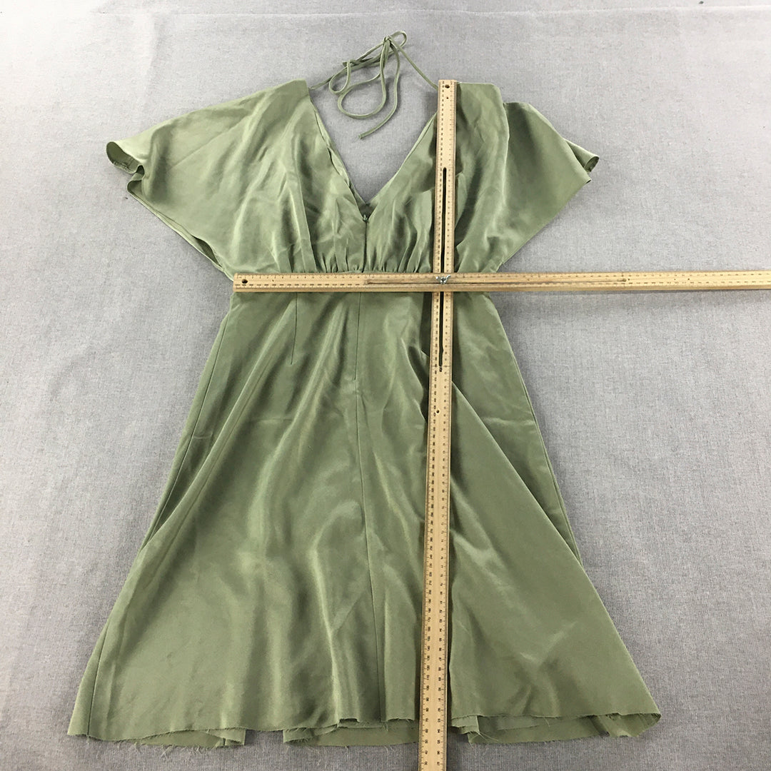 Chancery Womens Dress Size 10 Green Satin V-Neck Fit Flare