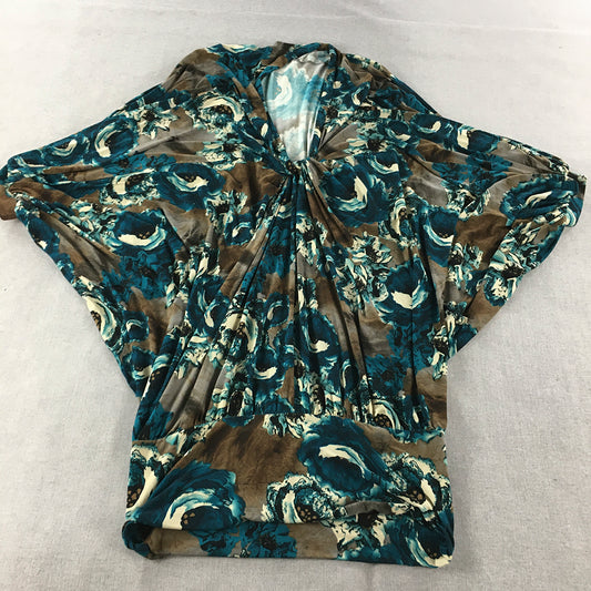 Charlie Brown Womens Top Size 16 Blue Brown Floral Stretch Fabric Blouse