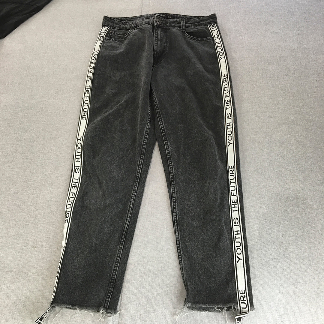 Bershka Womens Jeans Size 6 (W30) Black Slim Straight Raw Hem Denim