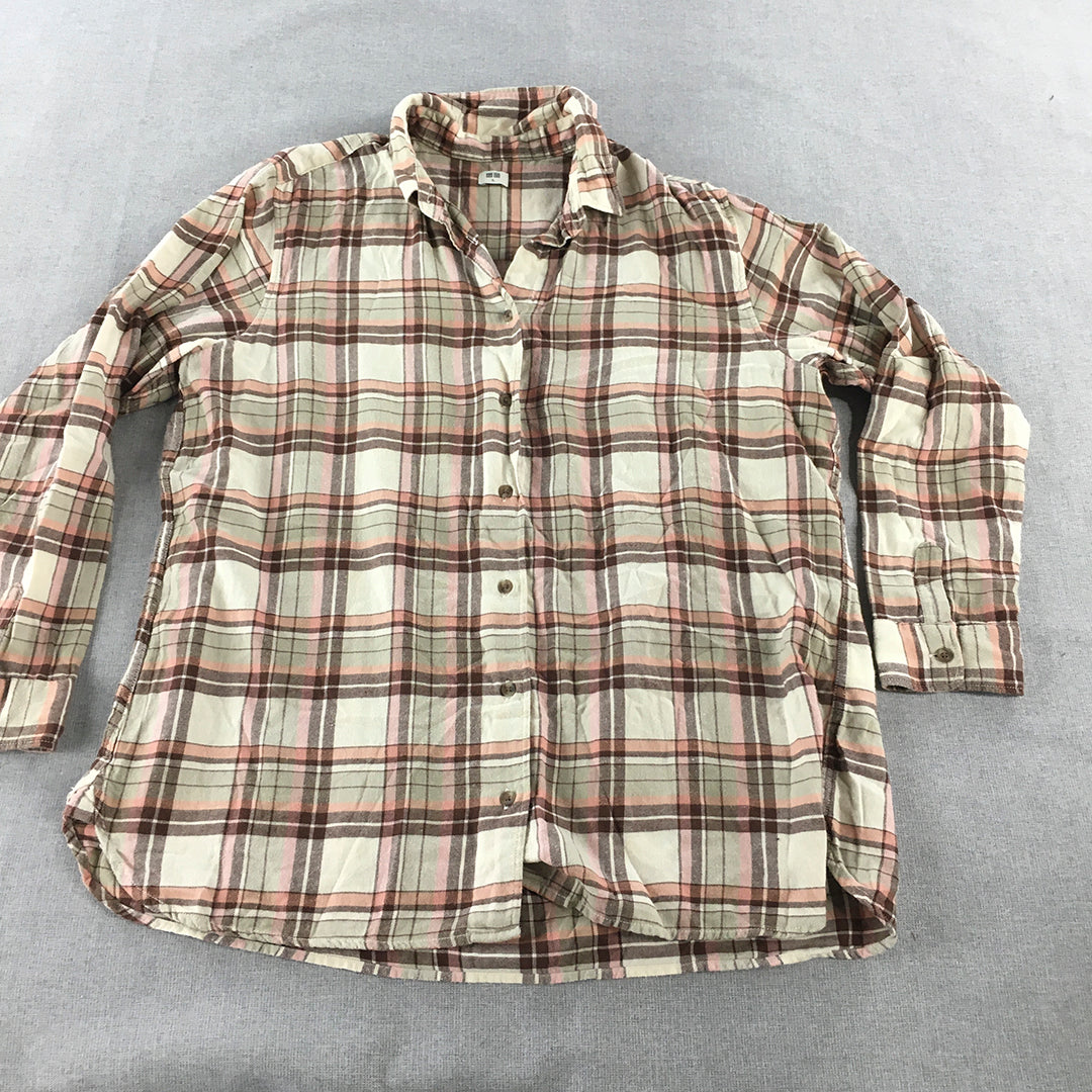 Uniqlo Womens Flannel Shirt Size XL Brown Pink Checkered Button-Up