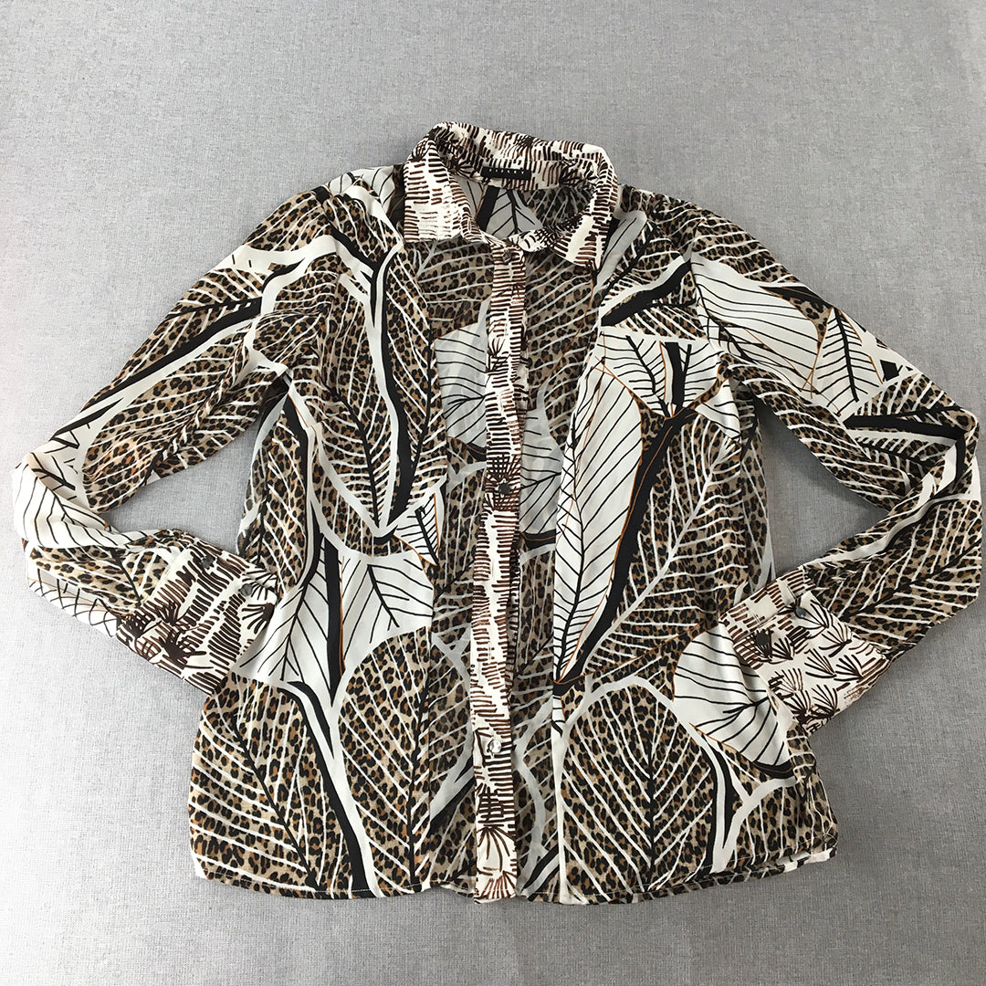 Sisley Womens Shirt Size XS White Brown Button-Up Leaf Pattern Long Sleeve Top