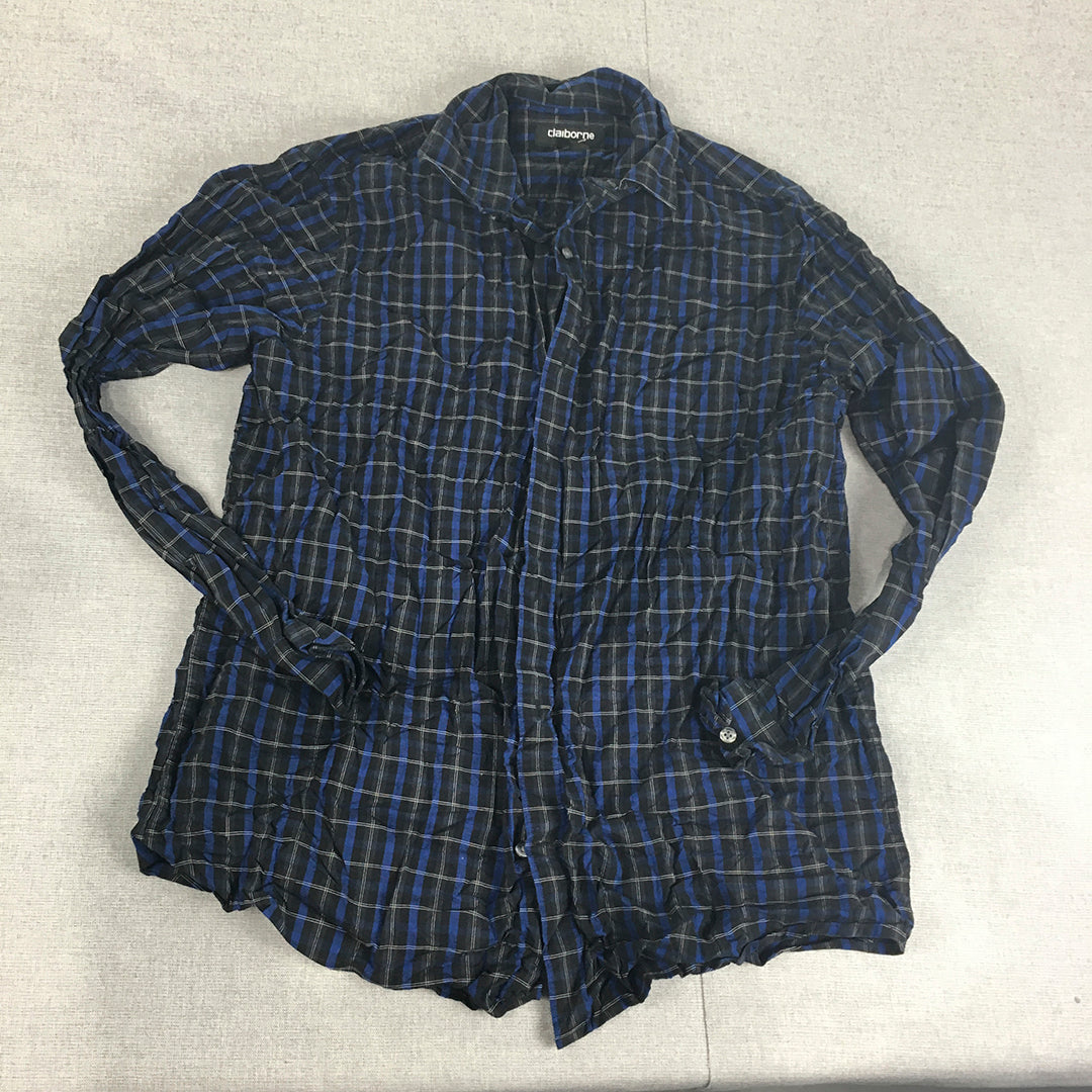 Claiborne Mens Shirt Size L Blue Black Checkered Long Sleeve Button-Up