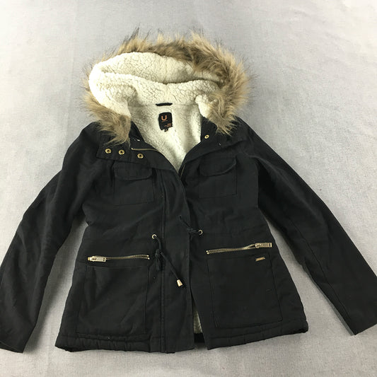 Used Womens Parka Jacket Size 6 Black Faux Fur Hood Zip-Up Coat