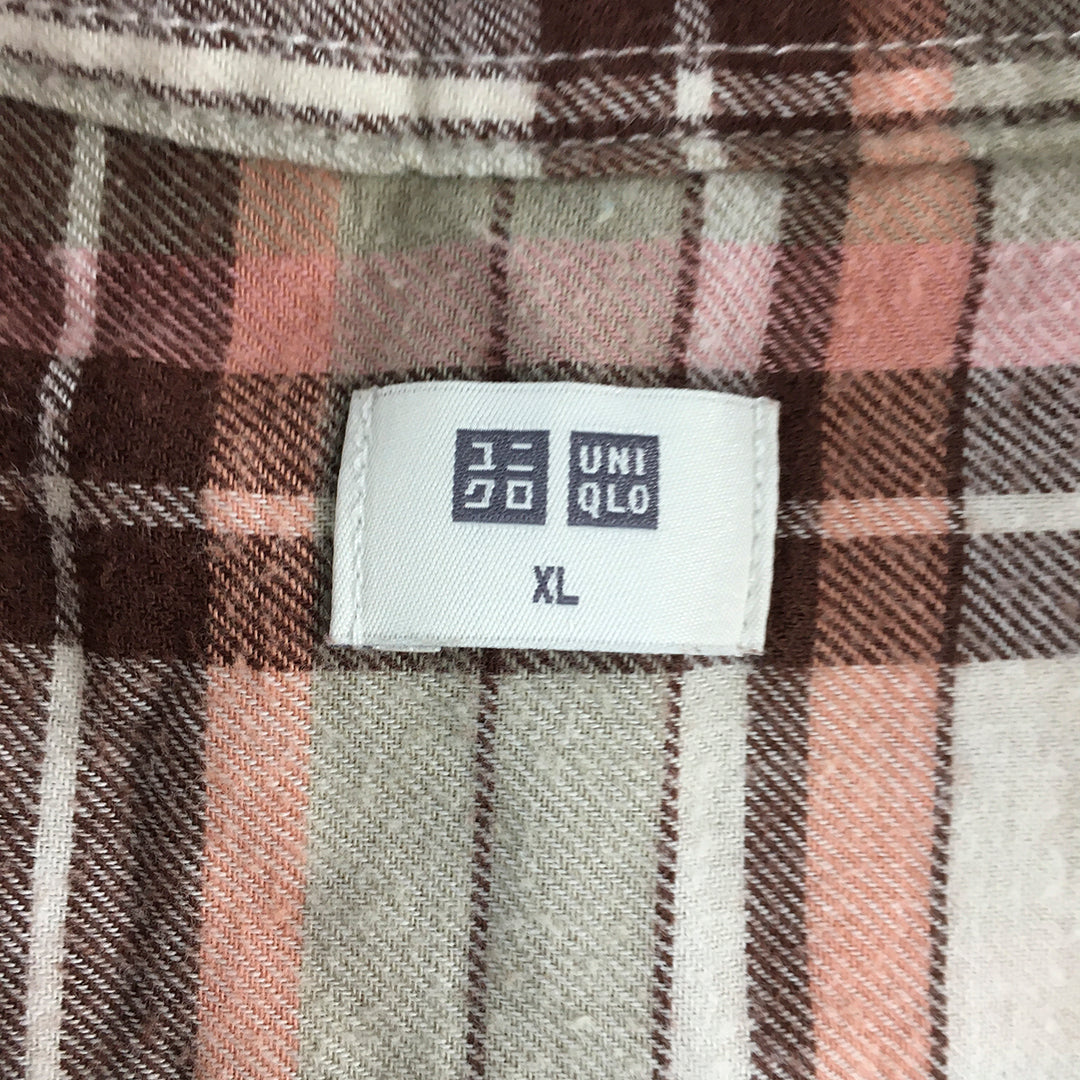 Uniqlo Womens Flannel Shirt Size XL Brown Pink Checkered Button-Up