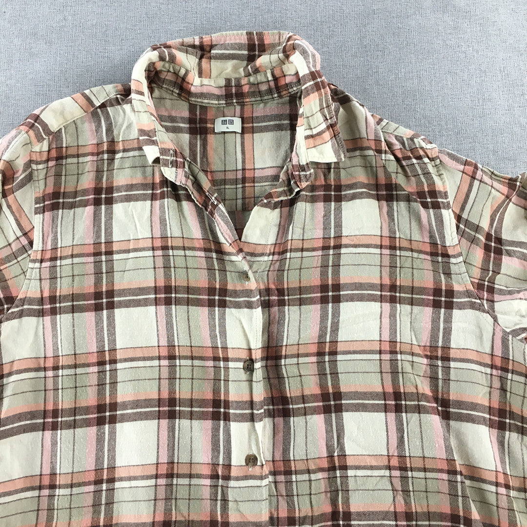 Uniqlo Womens Flannel Shirt Size XL Brown Pink Checkered Button-Up