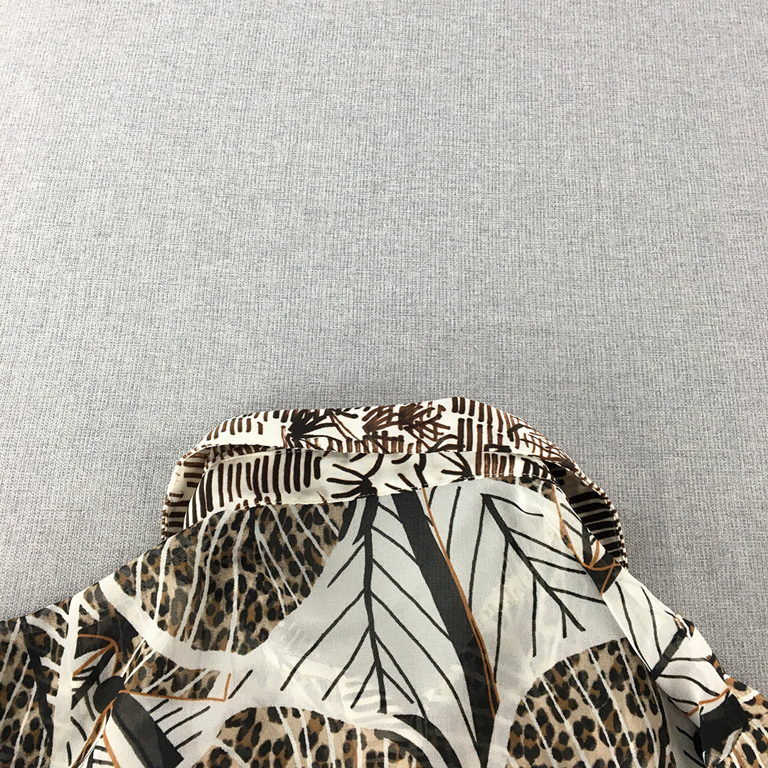 Sisley Womens Shirt Size XS White Brown Button-Up Leaf Pattern Long Sleeve Top