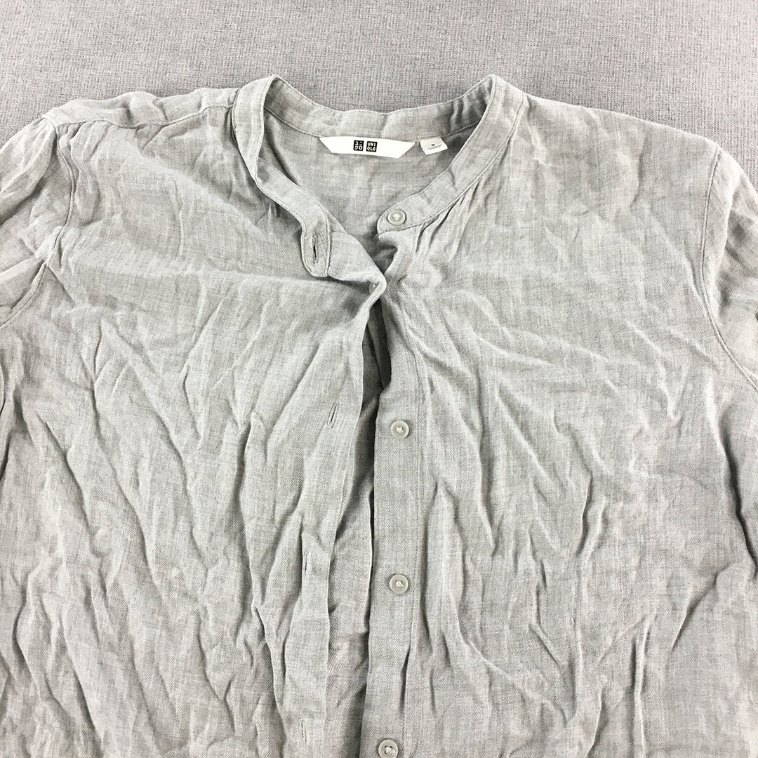 Uniqlo Mens Shirt Size S Grey Collarless Long Sleeve Button-Up