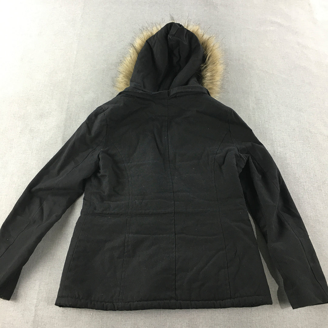 Used Womens Parka Jacket Size 6 Black Faux Fur Hood Zip-Up Coat