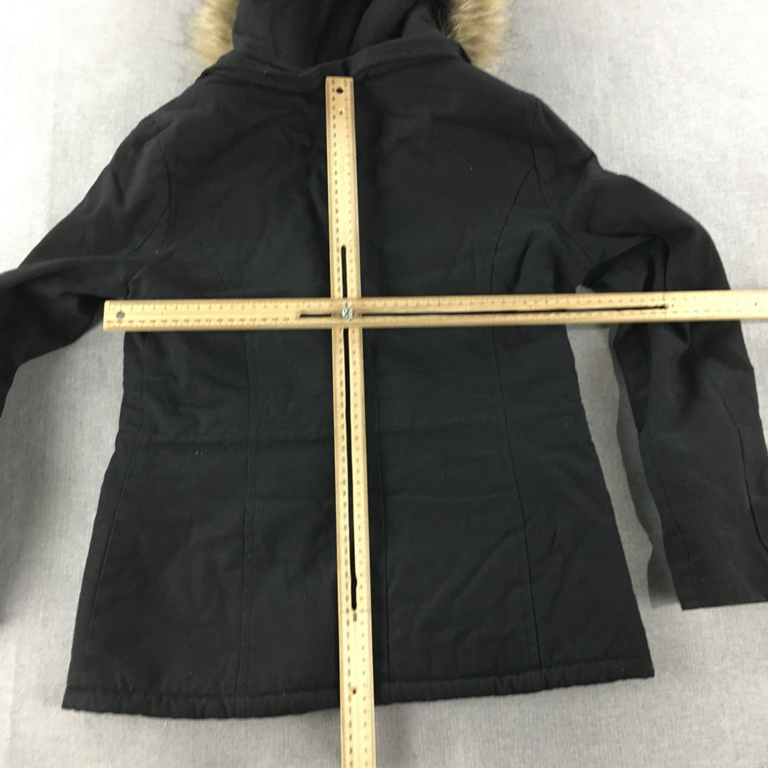 Used Womens Parka Jacket Size 6 Black Faux Fur Hood Zip-Up Coat