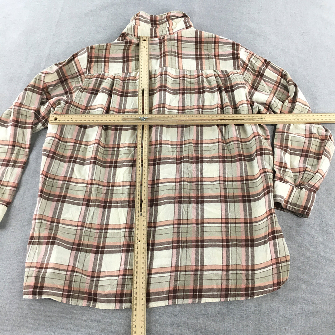 Uniqlo Womens Flannel Shirt Size XL Brown Pink Checkered Button-Up