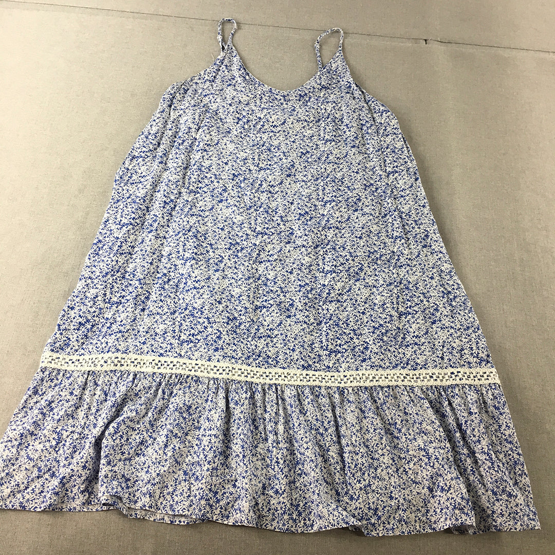 Grace & Co Womens A-Line Dress Size 14 Blue White Floral Midi Spaghetti Strap