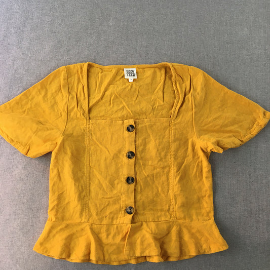 Seed Teen Kids Girls Linen Top Size 14 Yellow Short Sleeve Square Neckline