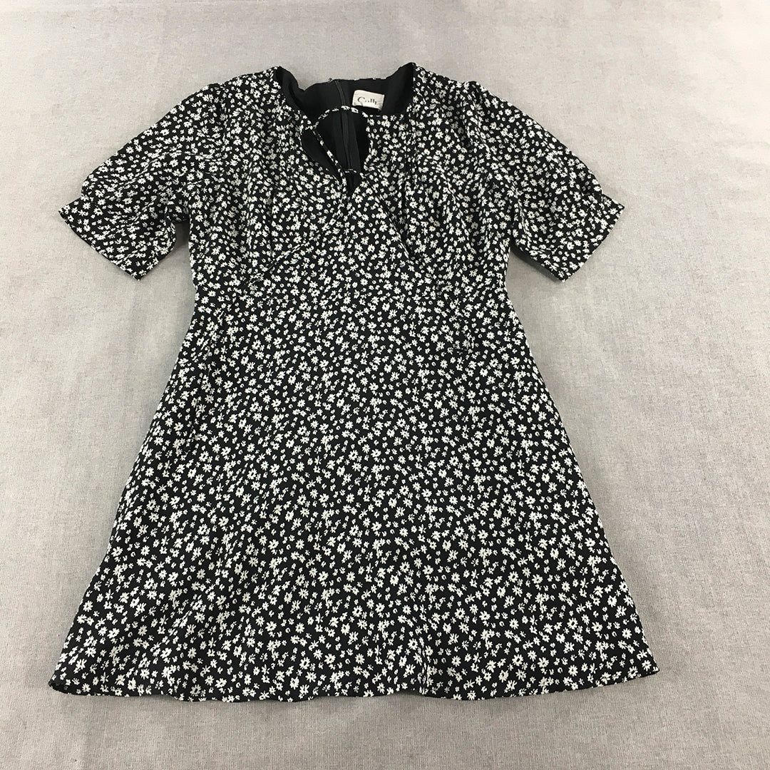 Calli Womens Mini Dress Size 12 Black White Floral A-Line Short Sleeve