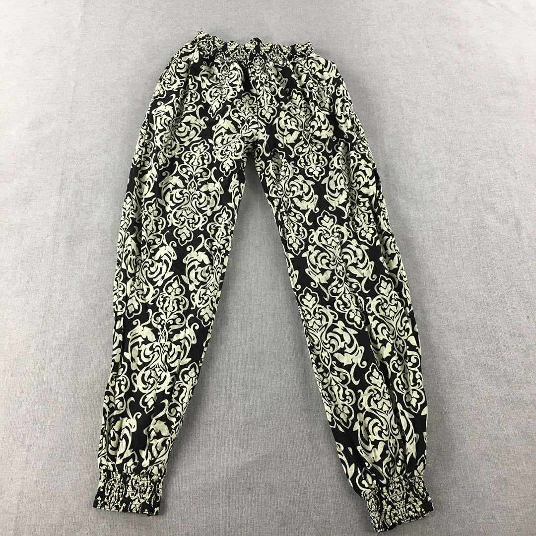 Blue Jade Womens Pants Size L Black White Floral Baroque Elastic Waist