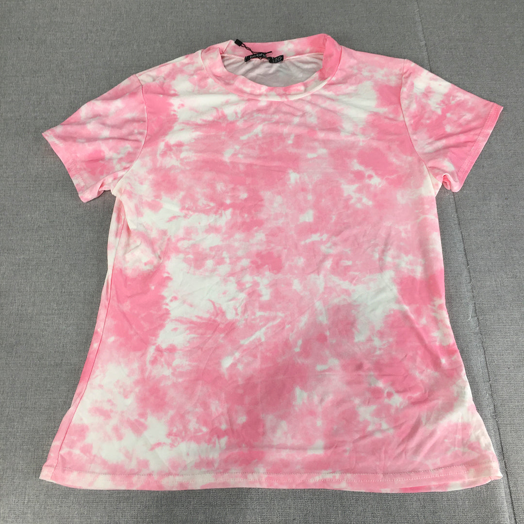 Boohoo Womens Top Size 16 Pink White Tie Dye Short Sleeve Stretch Fabric Shirt