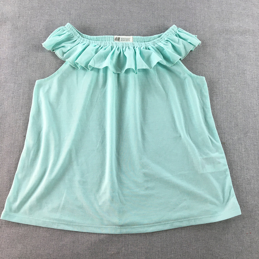 H&M Kids Girls Top Size 11 - 12 Years Blue Frilled Sleeveless Shirt