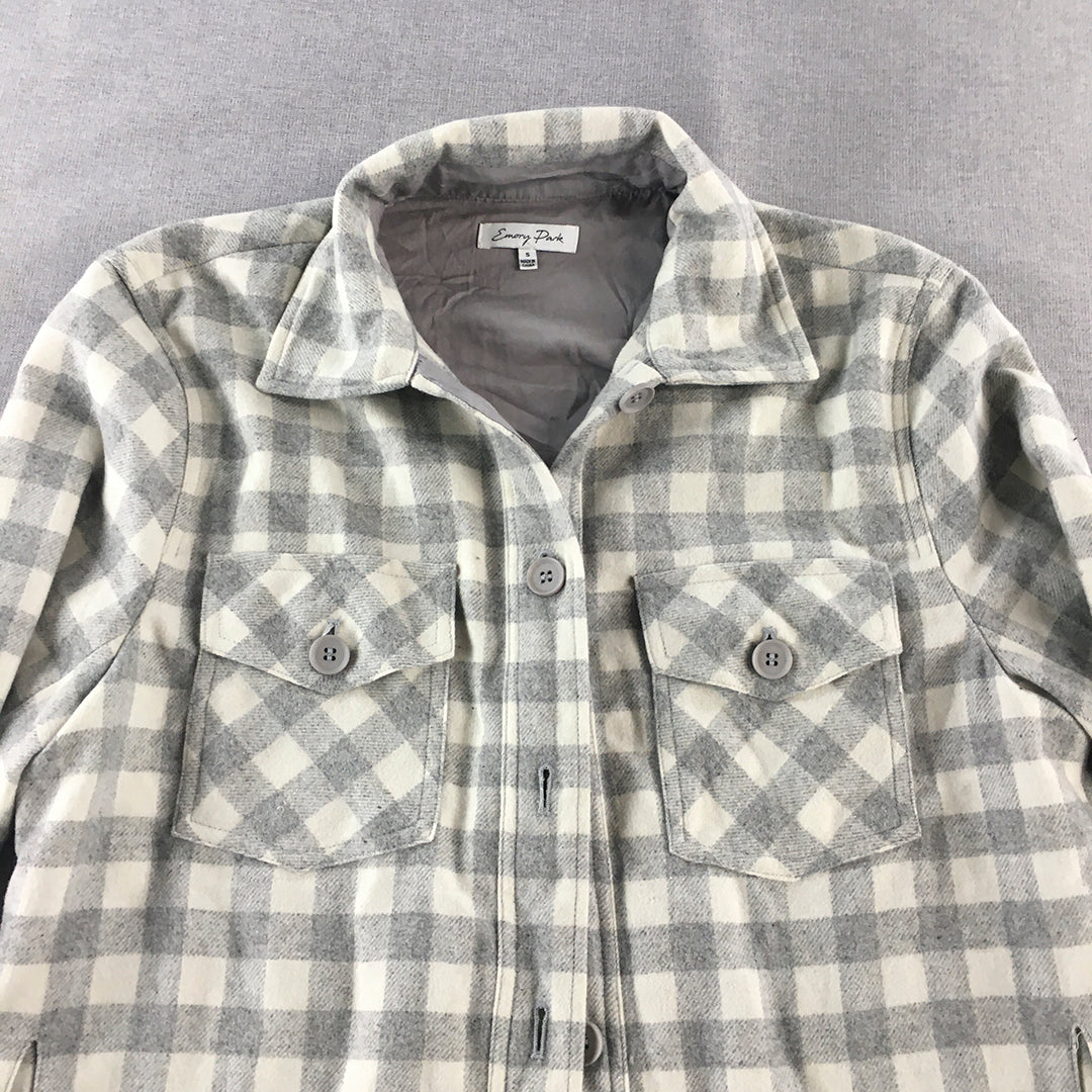 Emory Park Womens Wool Flannel Shirt Dress Size S Grey White Checkered Mini