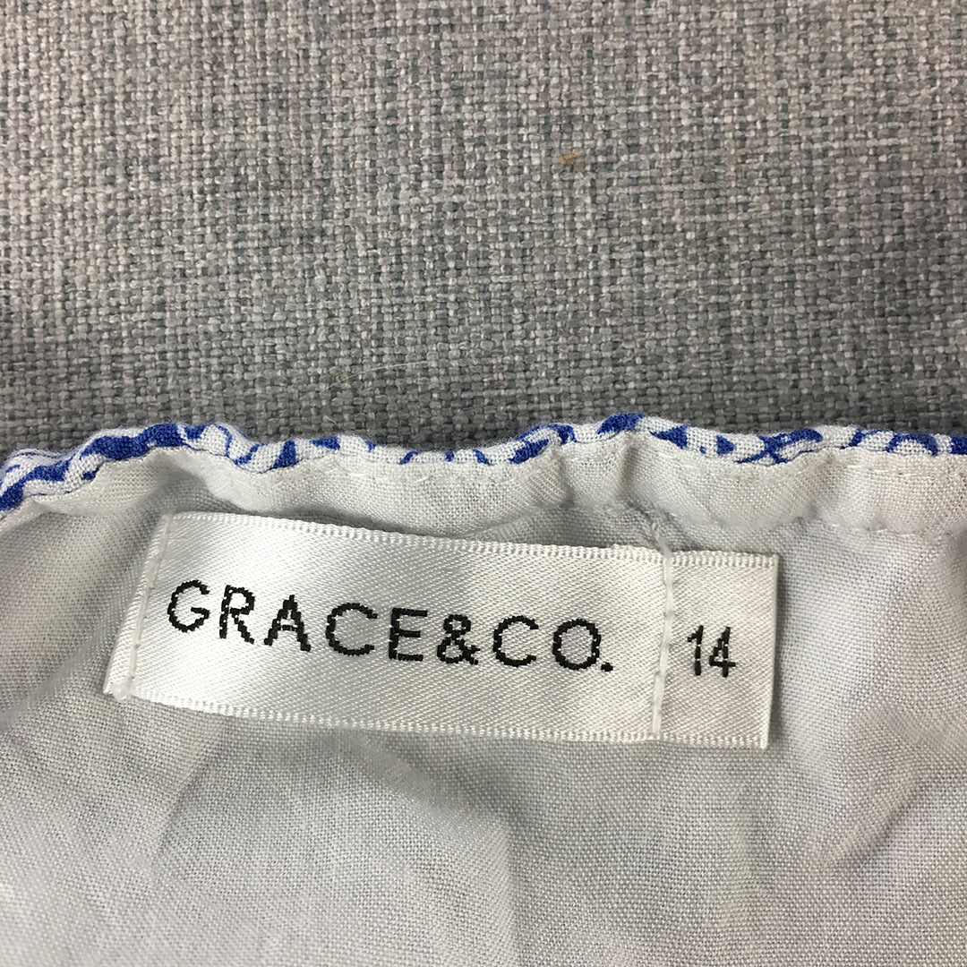 Grace & Co Womens A-Line Dress Size 14 Blue White Floral Midi Spaghetti Strap