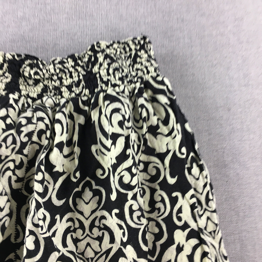 Blue Jade Womens Pants Size L Black White Floral Baroque Elastic Waist