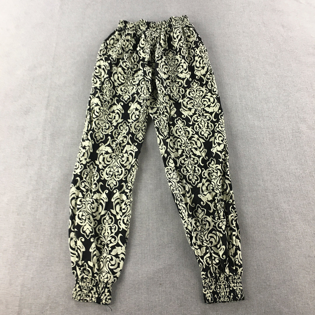 Blue Jade Womens Pants Size L Black White Floral Baroque Elastic Waist