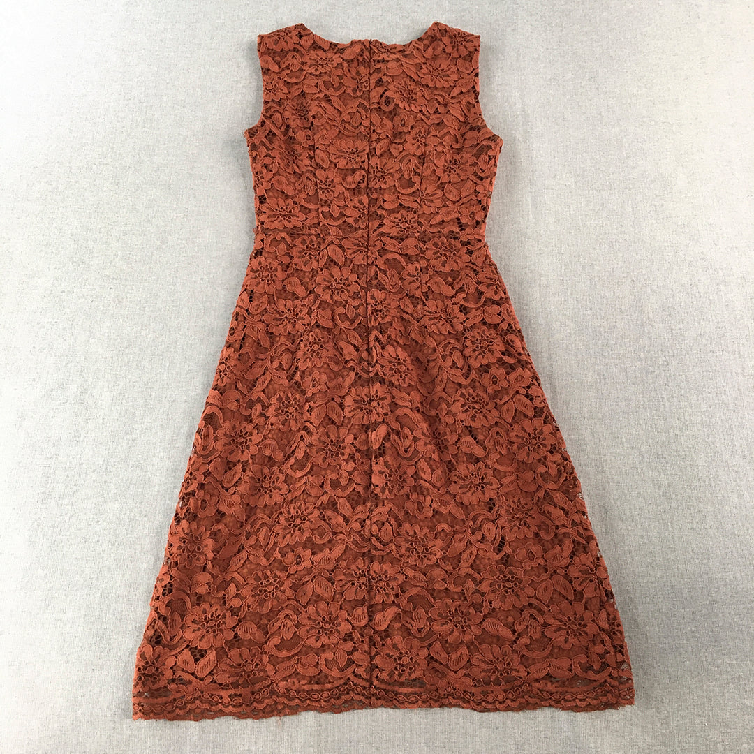 Forcast Womens Dress Size 6 Brown Floral Lace Sleeveless Midi Fit Flare