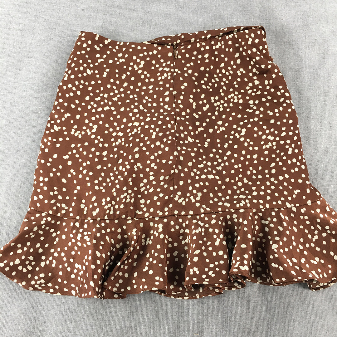 Calli Womens Mini Skirt Size 10 Brown Ruched Frilled Dot