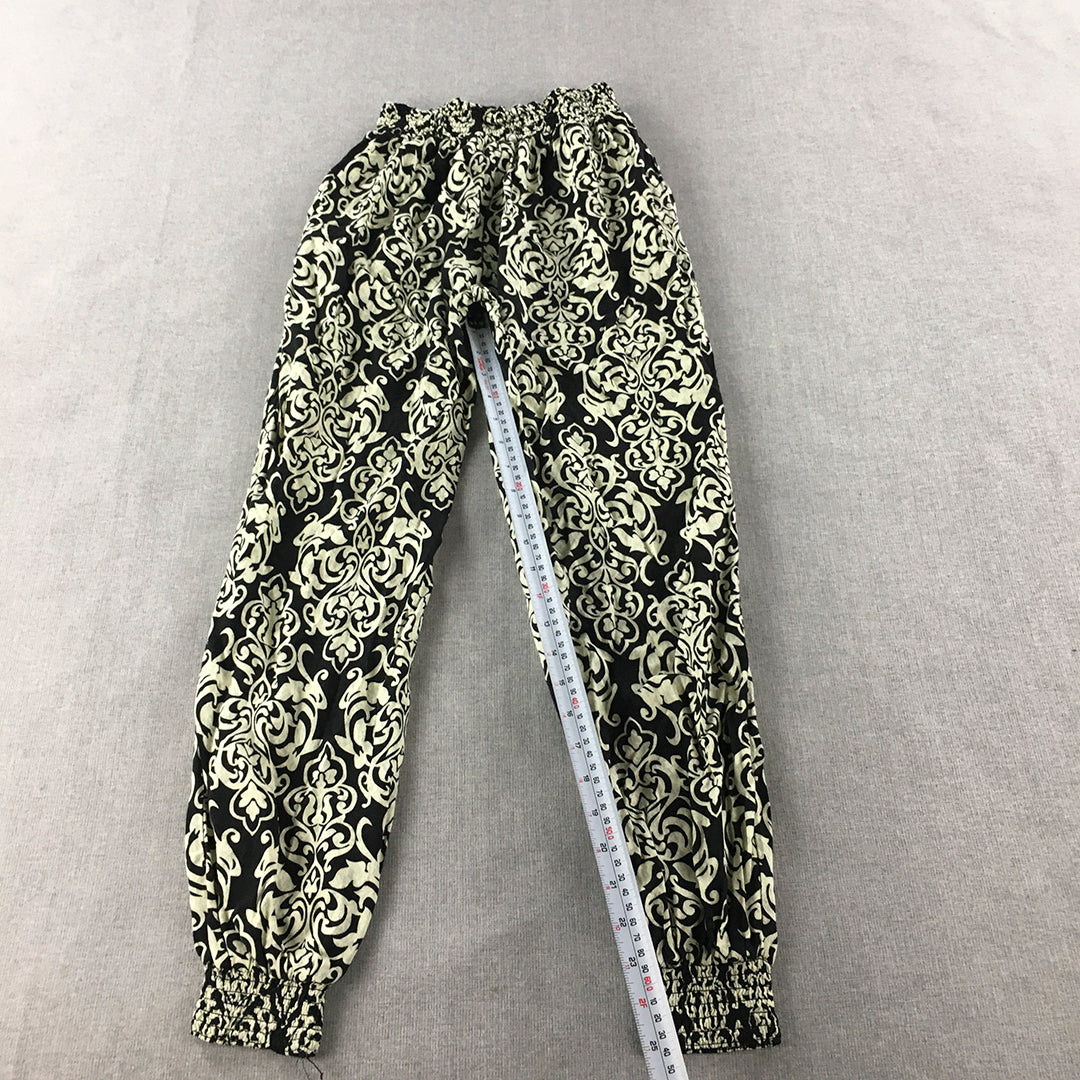 Blue Jade Womens Pants Size L Black White Floral Baroque Elastic Waist