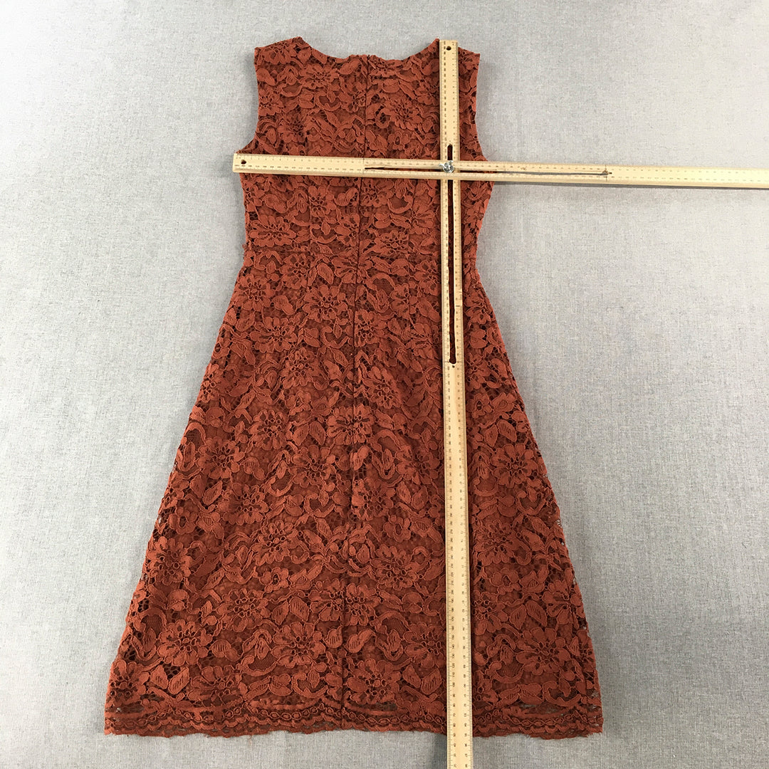 Forcast Womens Dress Size 6 Brown Floral Lace Sleeveless Midi Fit Flare