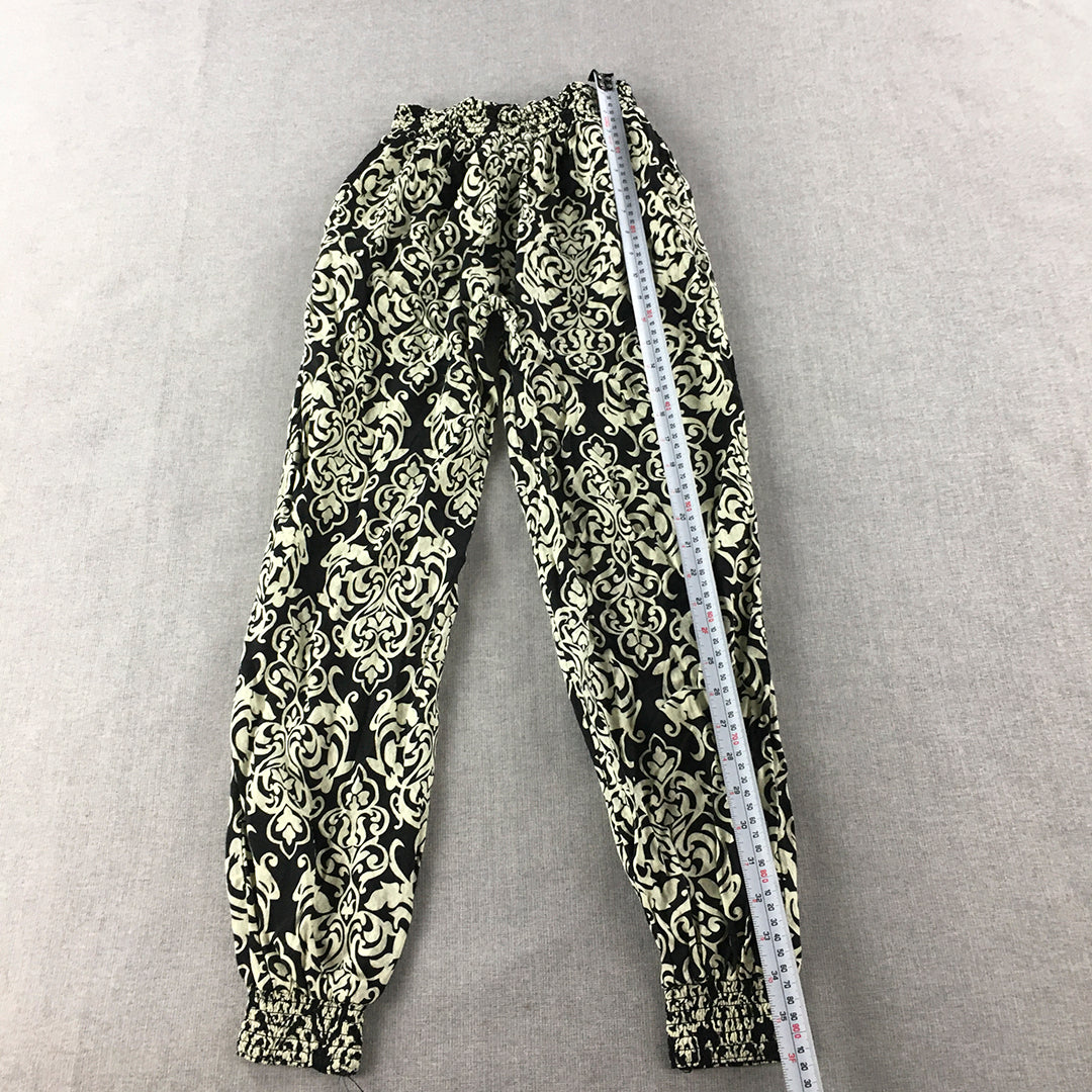 Blue Jade Womens Pants Size L Black White Floral Baroque Elastic Waist