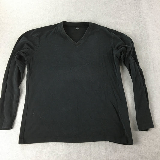 Uniqlo Womens Top Size M Black V-Neck Long Sleeve Pullover Shirt