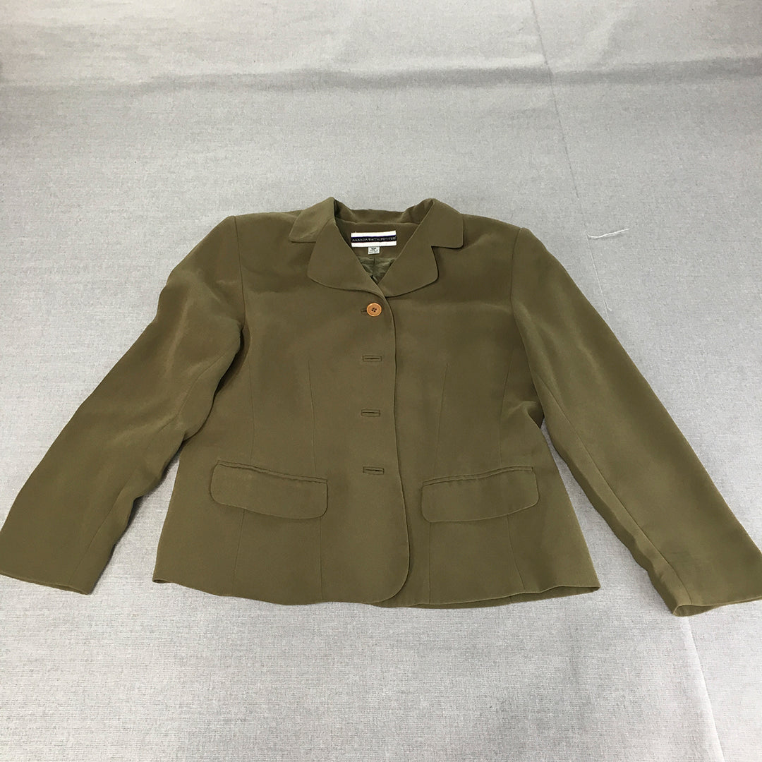 Amanda Smith Petites Womens Blazer Jacket Size 10 Khaki Green Collared Coat