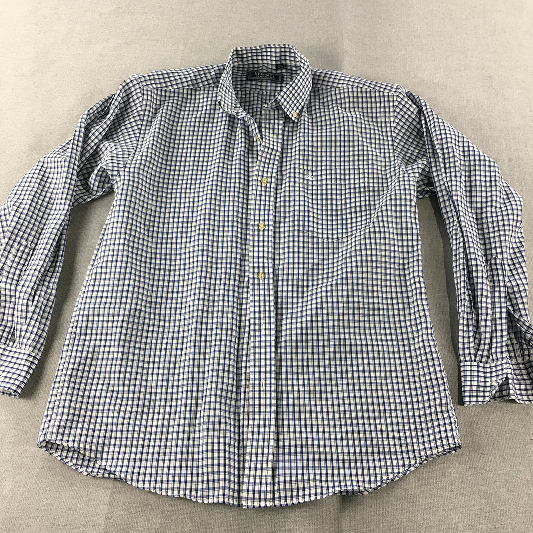 Vintage Versace Mens Shirt Size M Blue White Checkered Button-Up Logo Pocket