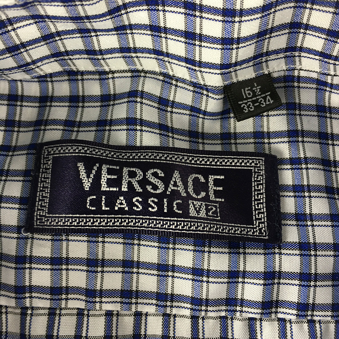 Vintage Versace Mens Shirt Size M Blue White Checkered Button-Up Logo Pocket