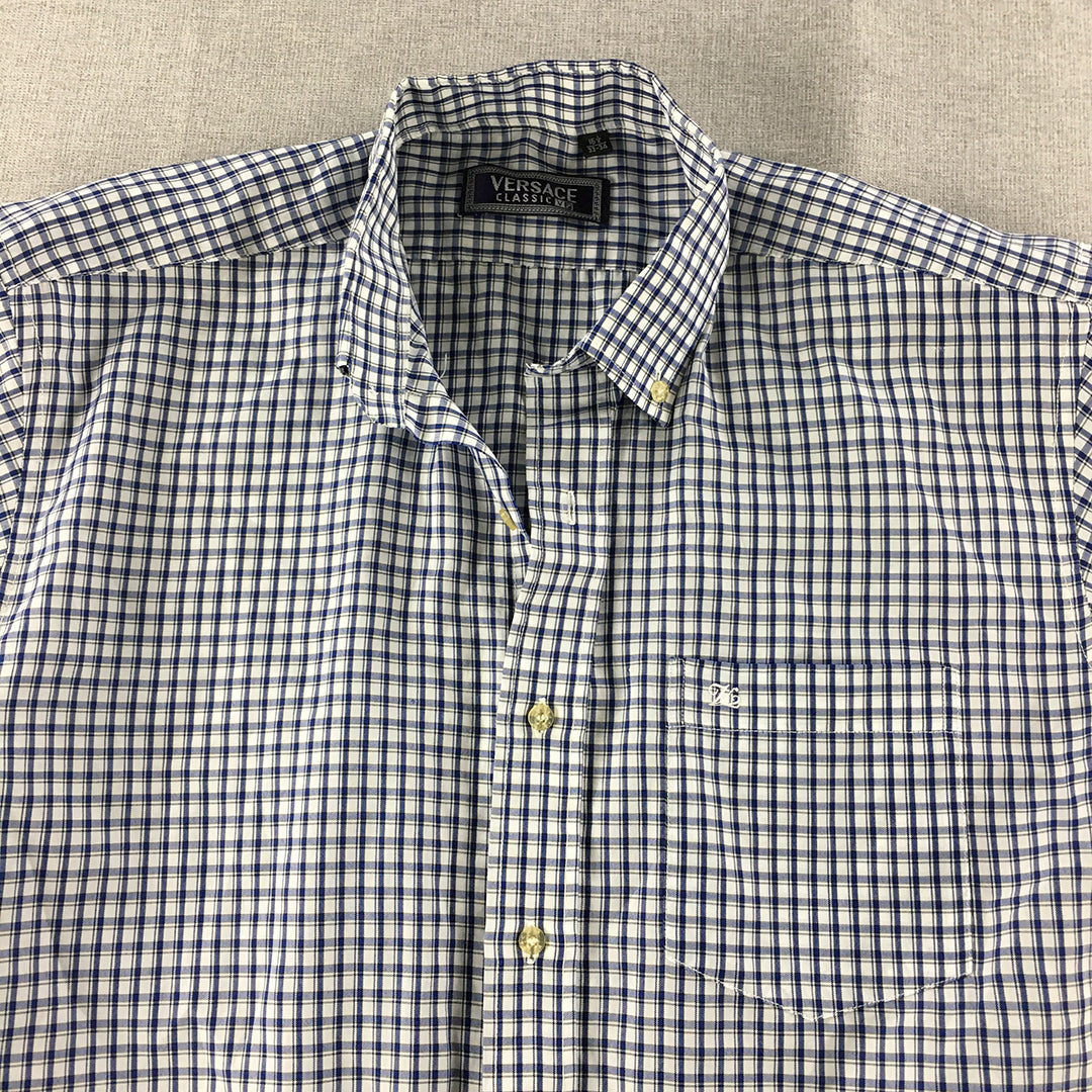 Vintage Versace Mens Shirt Size M Blue White Checkered Button-Up Logo Pocket