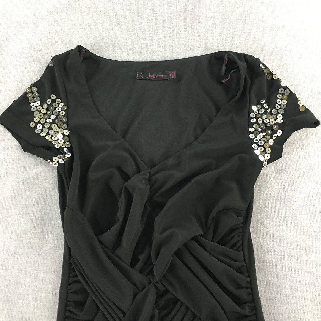 Cherrie Womens Bodycon Dress Size 8 Black Sequin Short Sleeve Mini