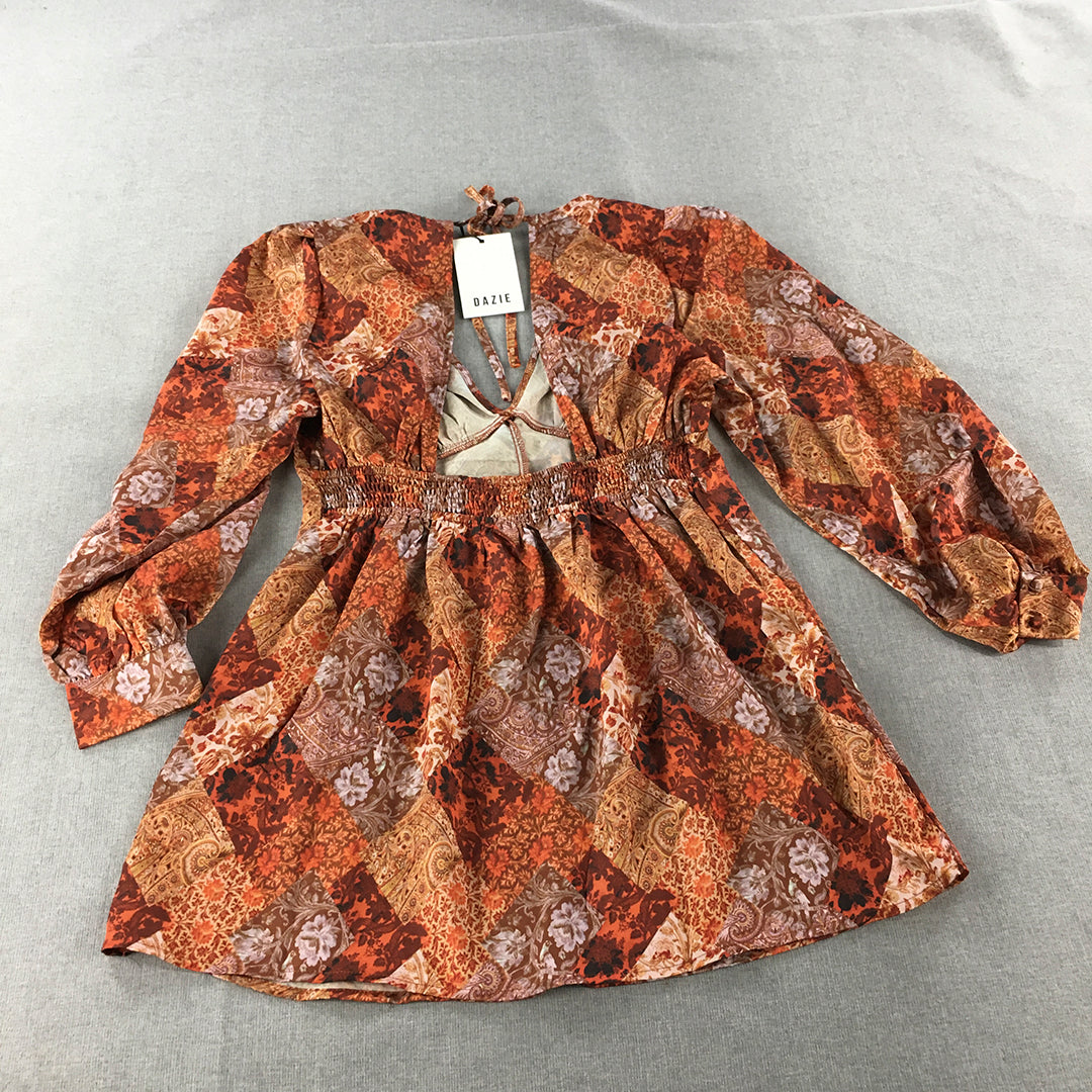 NEW Dazie Womens Mini Dress Size 12 Orange Brown Floral Long Sleeve A-Line