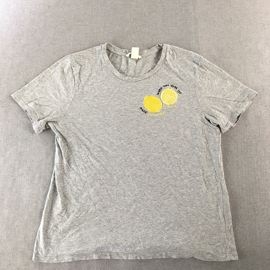 H&M Womens T-Shirt Size M Grey Embroidered Lemons Short Sleeve Top