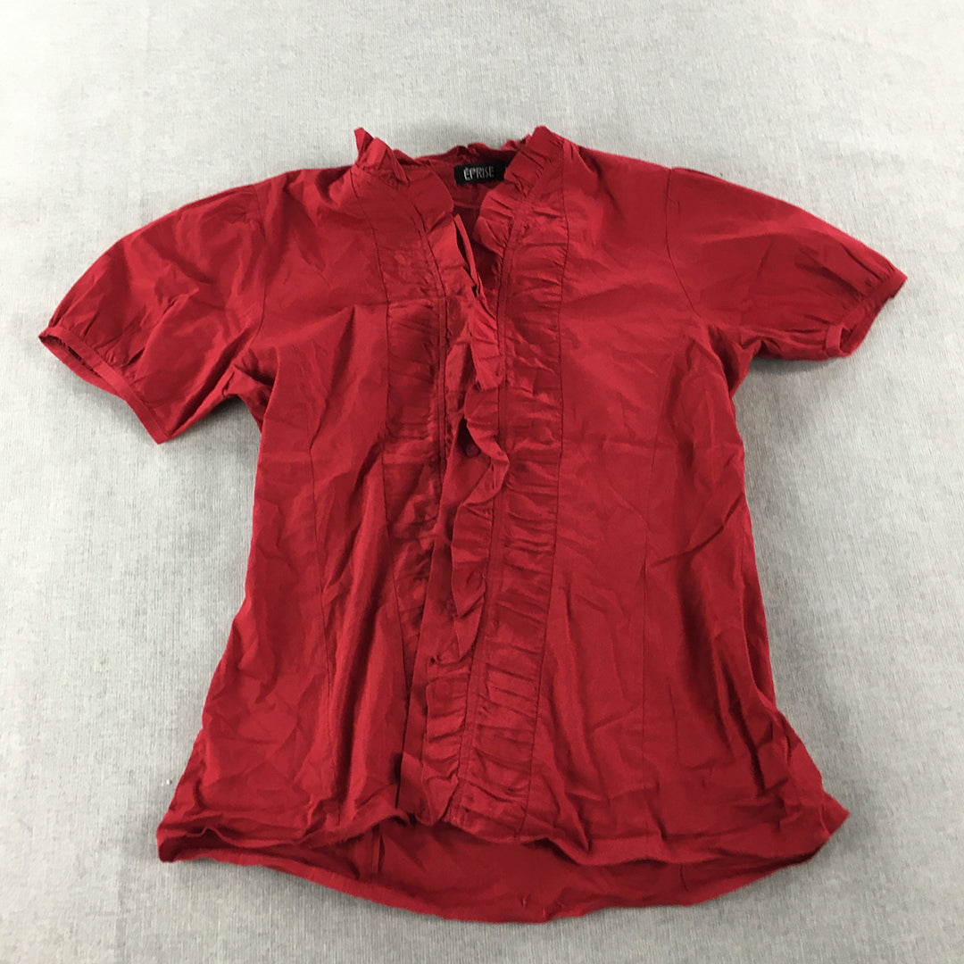 Eprise Womens Top Size M Red Short Sleeve Button-Up Shirt Frilled